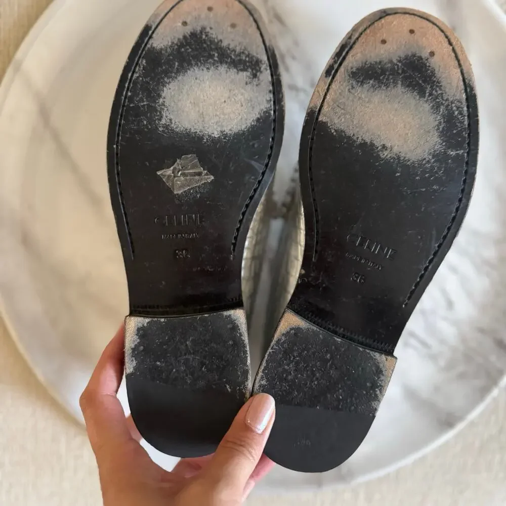 Celine X Hedi Slimane Luco Croc Embossed Leather Loafers Moccasin Silver